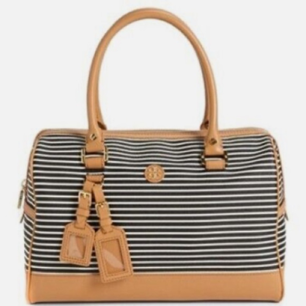Tory Burch Black and White Striped Satchel with Tan Accents